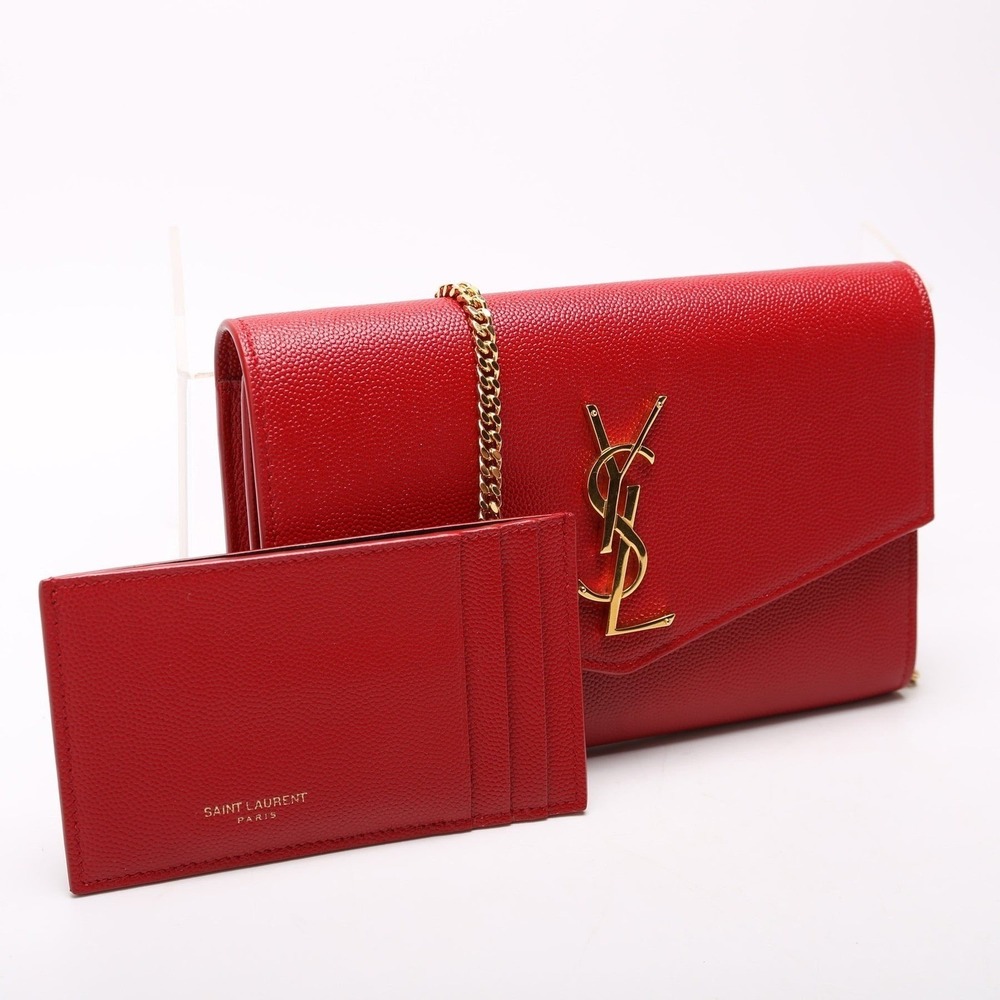 Saint Laurent Uptown Chain Wallet Red Grain De Poudre WOC + Card Holder Gold HW